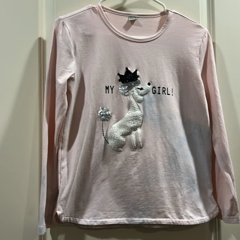Kuyee Bear poodle dog My Girl applique top pink w/ blue hint kids size 14 (160)
